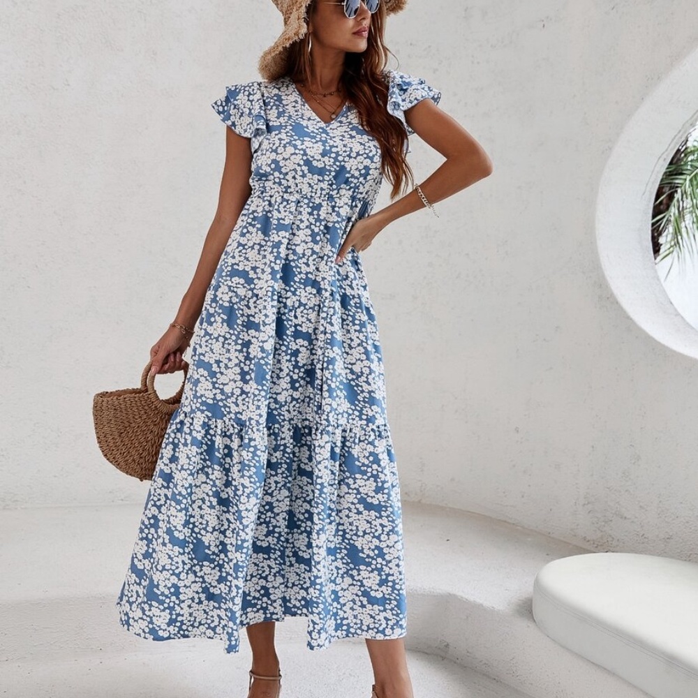 Boho Floral Butterfly Sleeve Dress V neck Blue 90s - Picture 5 of 14